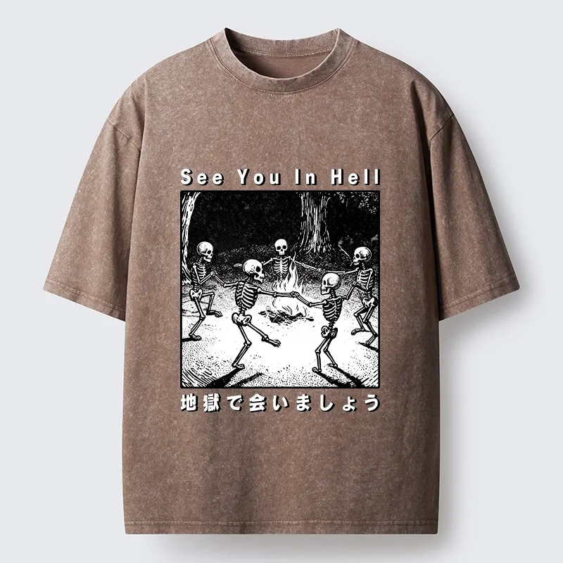 Tokyo-Tiger Funny Skeleton Hell Party Washed T-Shirt