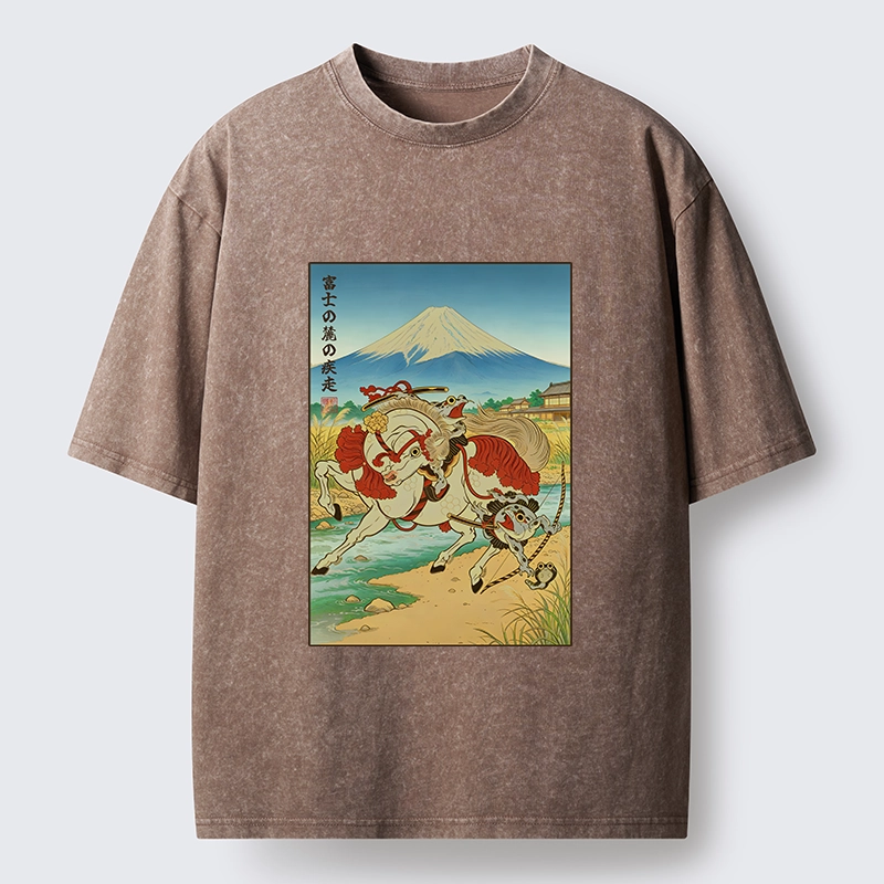 Tokyo-Tiger Samurai Frog Under Mount Fuji Washed T-Shirt