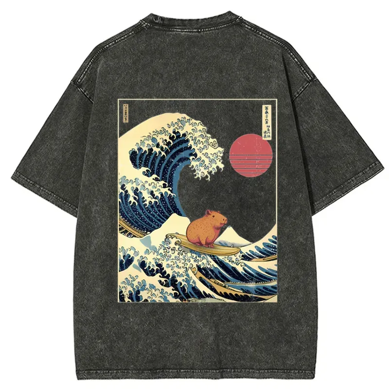 Tokyo-Tiger Capybara Surfing Back Washed T-Shirt Sale