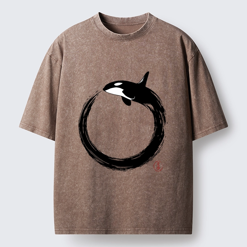 Tokyo-Tiger Orca In Black Ink Circle Washed T-Shirt