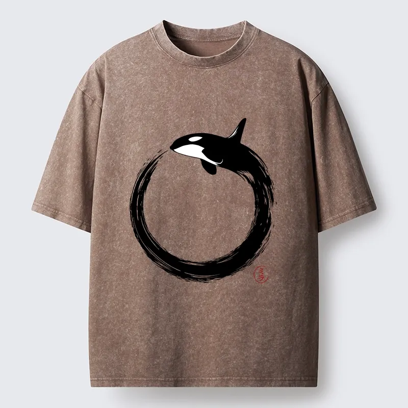 Tokyo-Tiger Orca In Black Ink Circle Washed T-Shirt