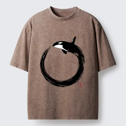 Tokyo-Tiger Orca In Black Ink Circle Washed T-Shirt