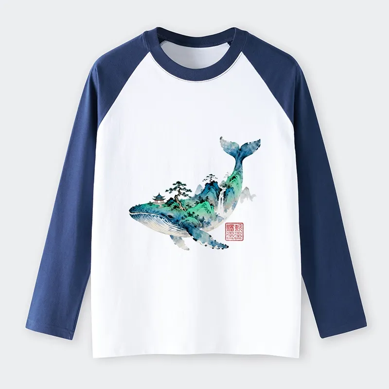 Tokyo-Tiger Whale Ink Painting Landscape Raglan Long Sleeve T-shirt