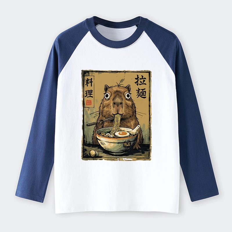 Tokyo-Tiger Cute Capybara Eating Ramen Raglan Long Sleeve T-shirt