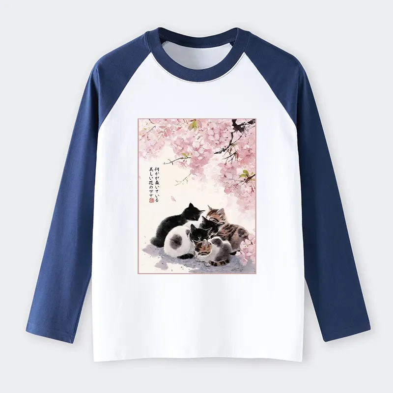 Tokyo-Tiger Cute Cats Sakura Garden Raglan Long Sleeve T-shirt
