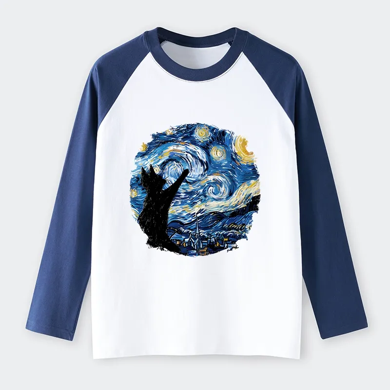Tokyo-Tiger Starry Night Black Cat Raglan Long Sleeve T-shirt