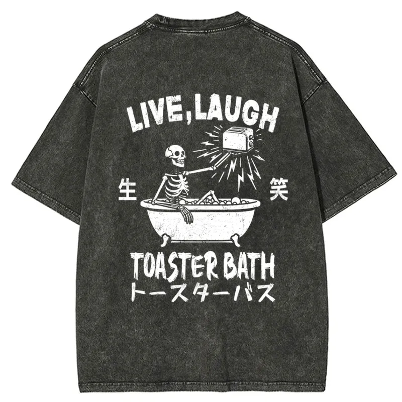 Tokyo-Tiger Funny Electric Shock Skeleton Back Washed T-Shirt