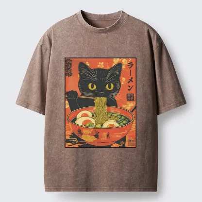 Tokyo-Tiger Hungry Black Cat Loves Ramen Washed T-Shirt