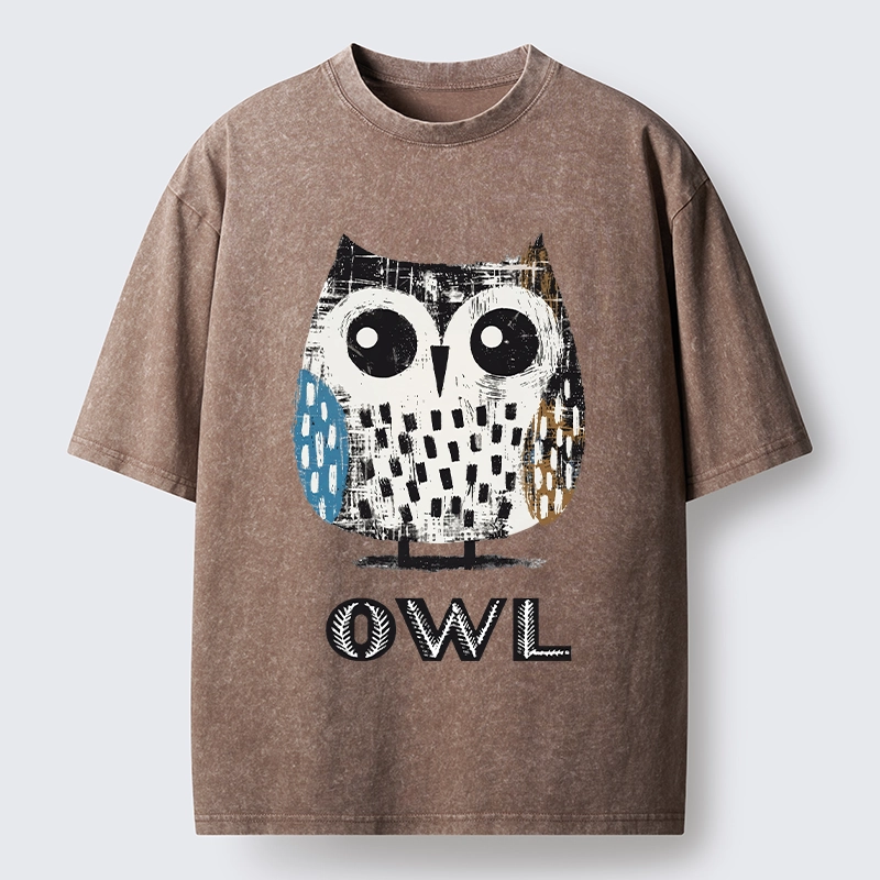Tokyo-Tiger Minimalist Owl Illustration Print Washed T-Shirt