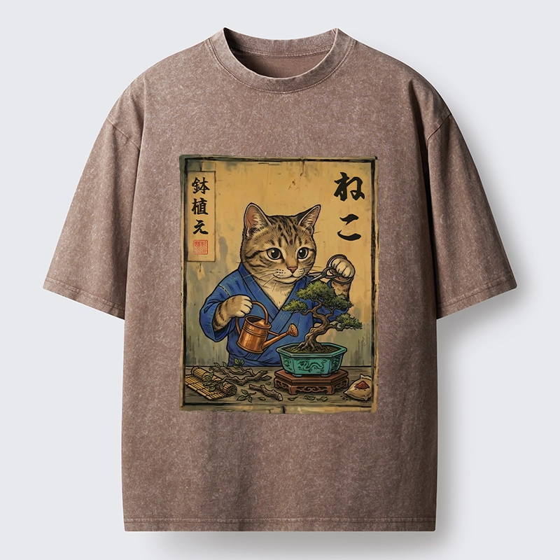 Tokyo-Tiger Cat Mastering Bonsai Art Washed T-Shirt