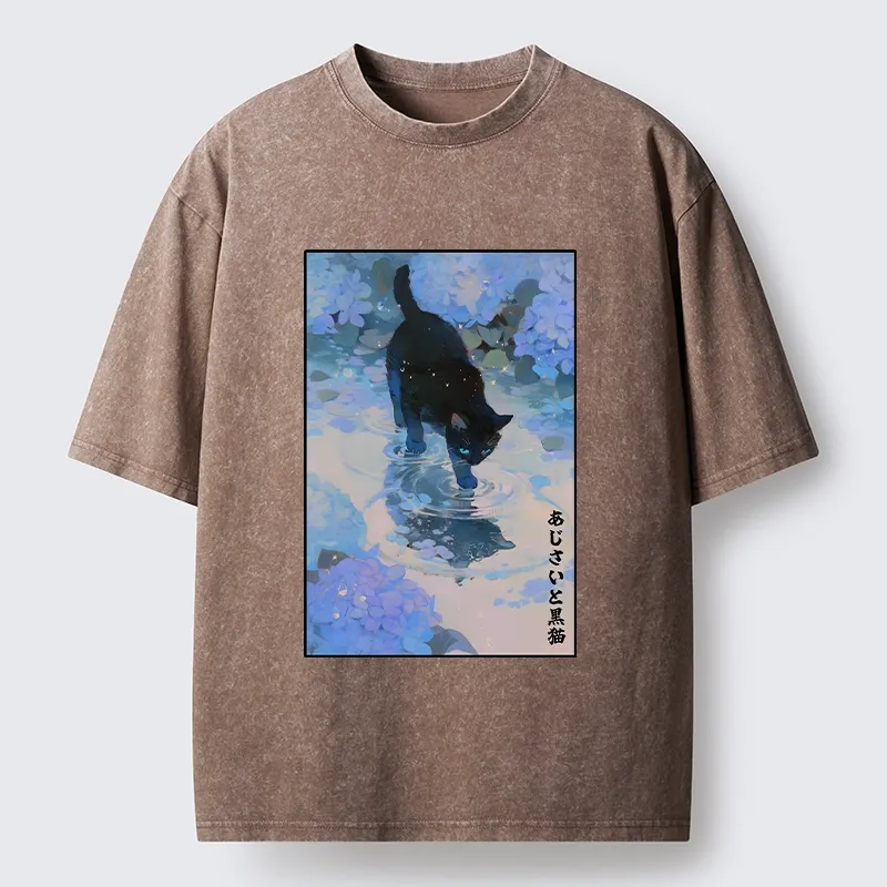 Tokyo-Tiger Midnight Cat In The Blue Rain Washed T-Shirt