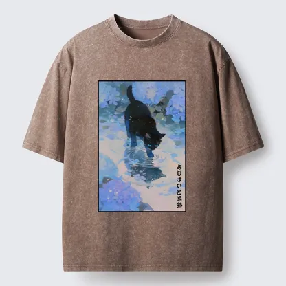 Tokyo-Tiger Midnight Cat In The Blue Rain Washed T-Shirt