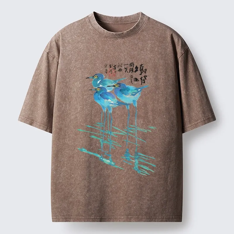 Tokyo-Tiger Watercolor Herons In Reeds Washed T-Shirt