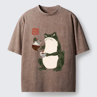 Tokyo-Tiger Frog With A Serious Tea Break Washed T-Shirt