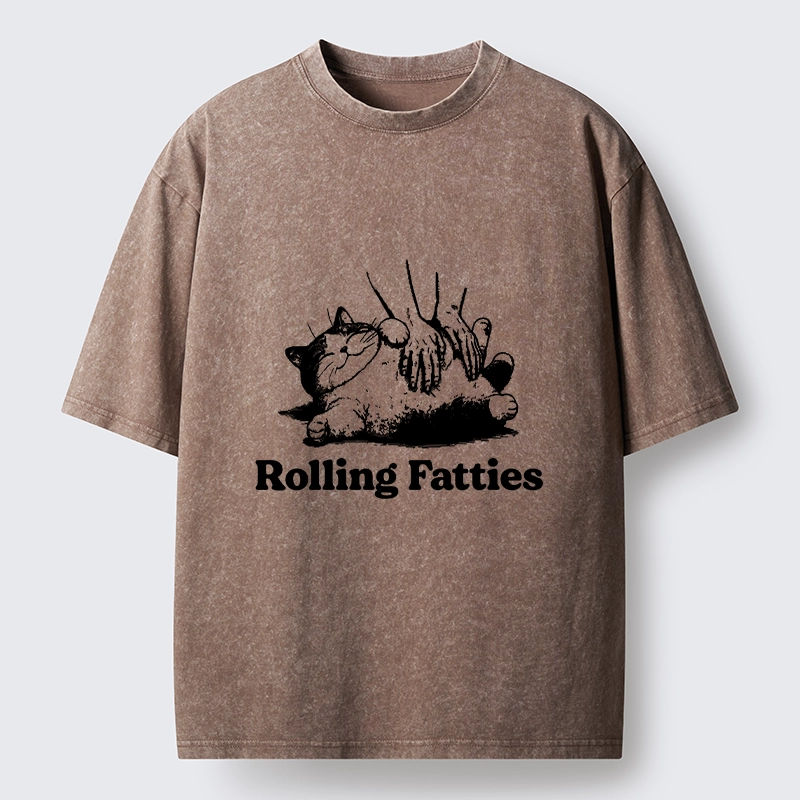 Tokyo-Tiger Rolling Fatties Cat Massage Meme Washed T-Shirt