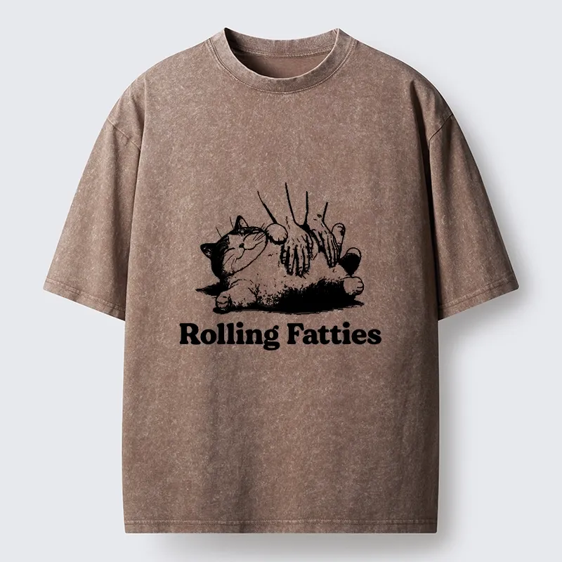 Tokyo-Tiger Rolling Fatties Cat Massage Meme Washed T-Shirt