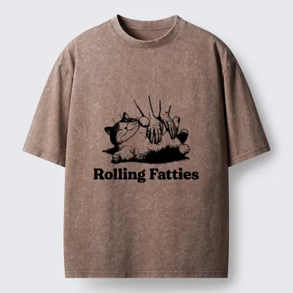 Tokyo-Tiger Rolling Fatties Cat Massage Meme Washed T-Shirt