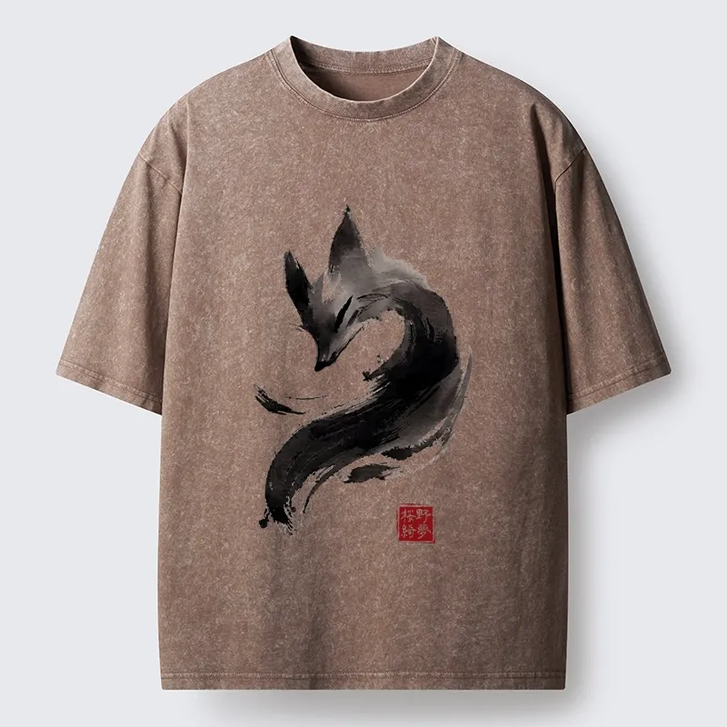 Tokyo-Tiger Japanese Ink Wash Fox Art Washed T-Shirt