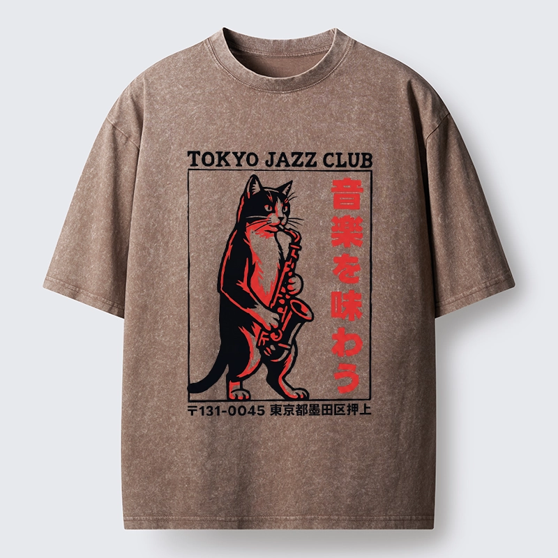 Tokyo-Tiger Retro Jazz Cat Poster Washed T-Shirt