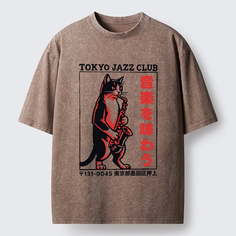 Tokyo-Tiger Retro Jazz Cat Poster Washed T-Shirt