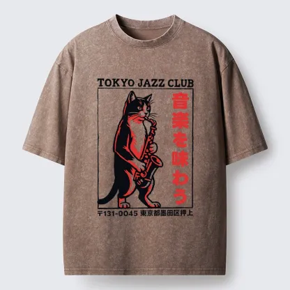 Tokyo-Tiger Retro Jazz Cat Poster Washed T-Shirt