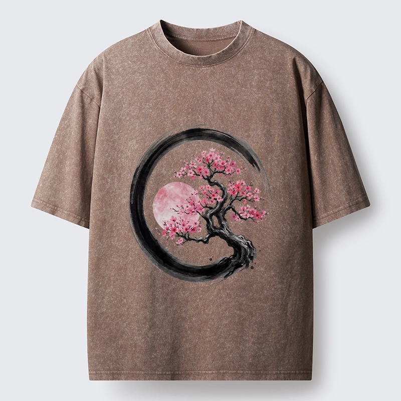 Tokyo-Tiger Zen Sakura Tree With Pink Moon Washed T-Shirt