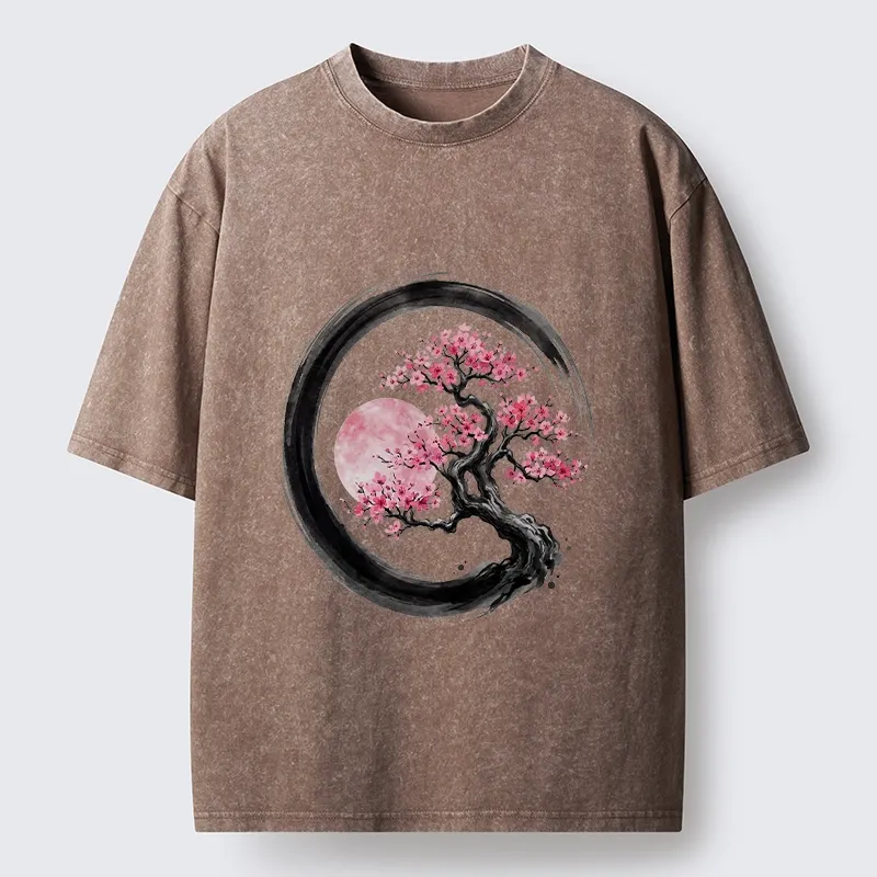 Tokyo-Tiger Zen Sakura Tree With Pink Moon Washed T-Shirt