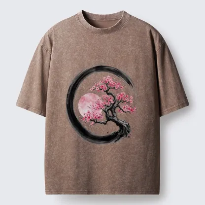 Tokyo-Tiger Zen Sakura Tree With Pink Moon Washed T-Shirt