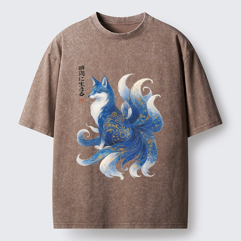 Tokyo-Tiger Serene Fox In Japanese Ink Style Washed T-Shirt