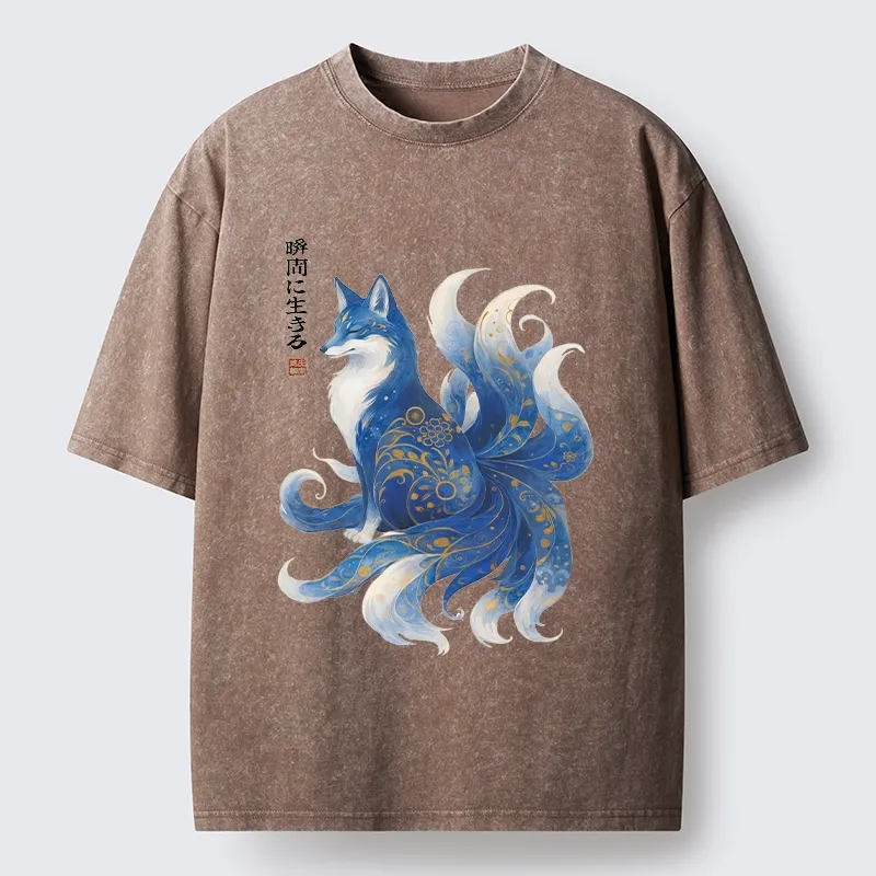 Tokyo-Tiger Serene Fox In Japanese Ink Style Washed T-Shirt