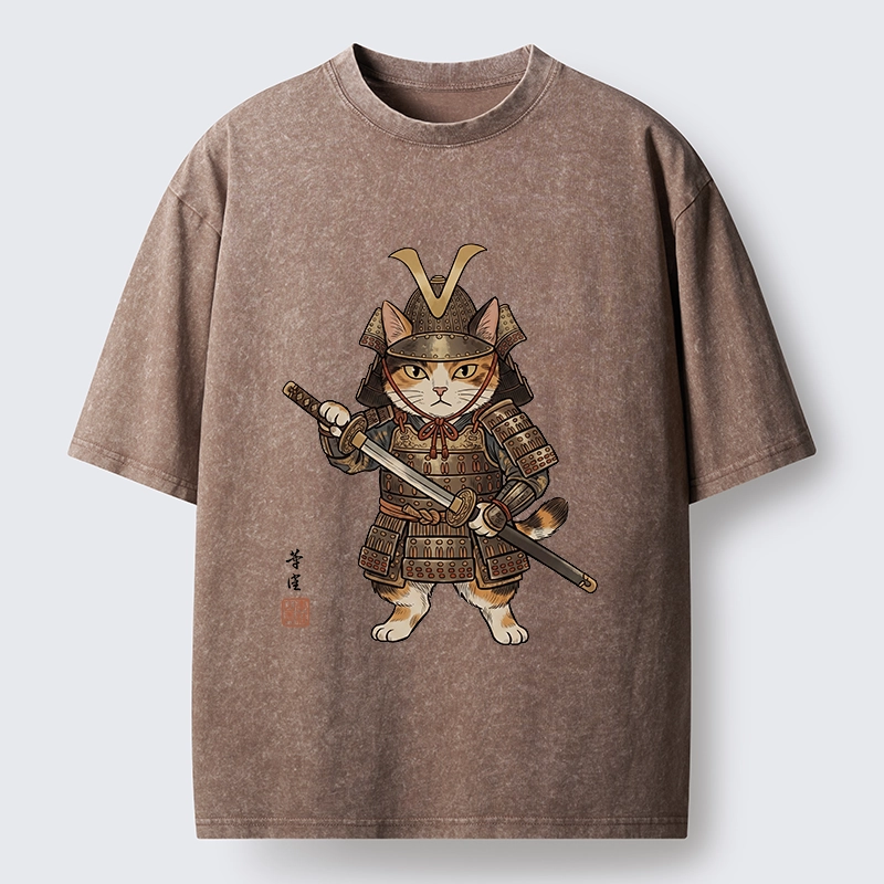 Tokyo-Tiger Samurai Cat With Katana Sword Washed T-Shirt