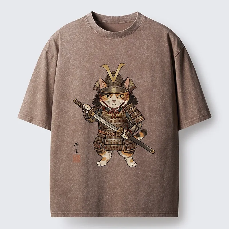 Tokyo-Tiger Samurai Cat With Katana Sword Washed T-Shirt