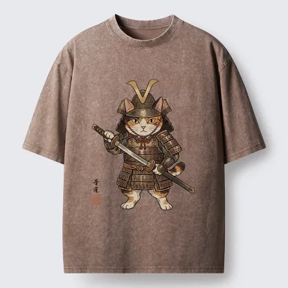 Tokyo-Tiger Samurai Cat With Katana Sword Washed T-Shirt