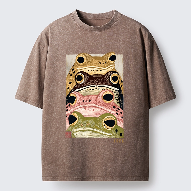 Tokyo-Tiger Whimsical Multi Colored Frog Art Washed T-Shirt