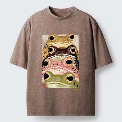 Tokyo-Tiger Whimsical Multi Colored Frog Art Washed T-Shirt