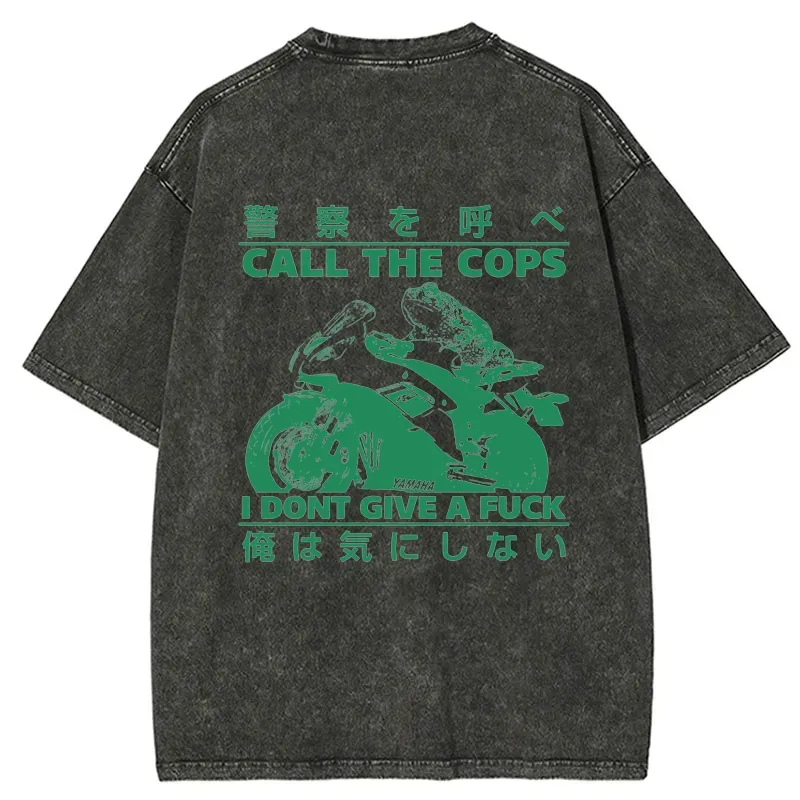 Tokyo-Tiger Funny Frog Riding A Motorcycle Back Washed T-Shirt