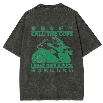 Tokyo-Tiger Funny Frog Riding A Motorcycle Back Washed T-Shirt