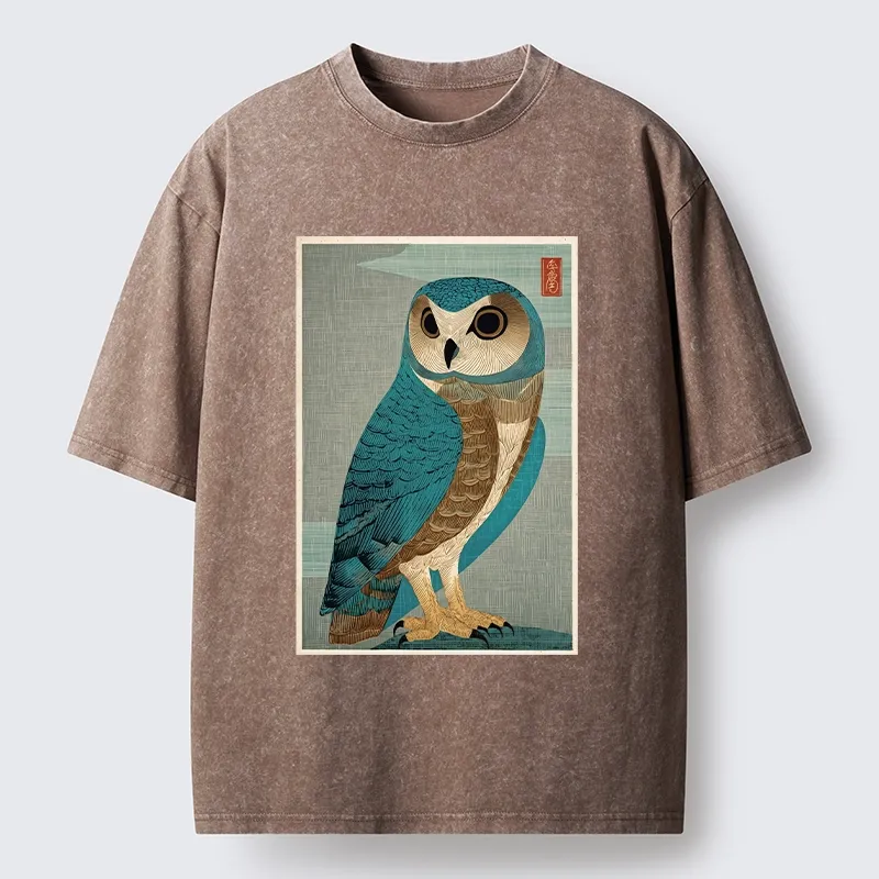 Tokyo-Tiger Vintage Owl Woodblock Art Washed T-Shirt Sale