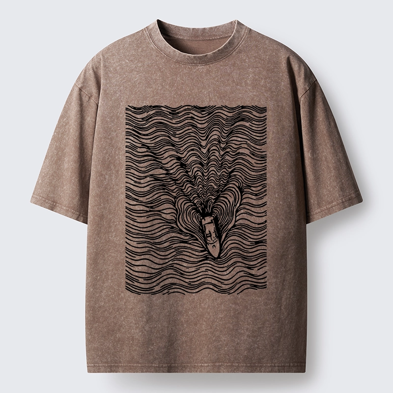 Tokyo-Tiger Line Art Boat On The Ocean Washed T-Shirt