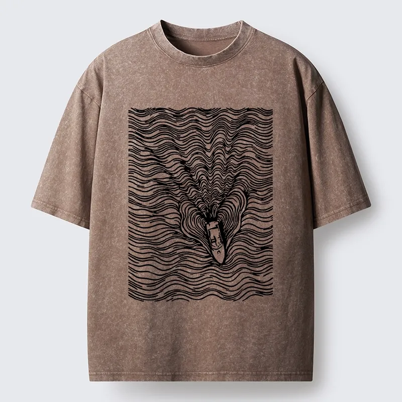 Tokyo-Tiger Line Art Boat On The Ocean Washed T-Shirt Sale