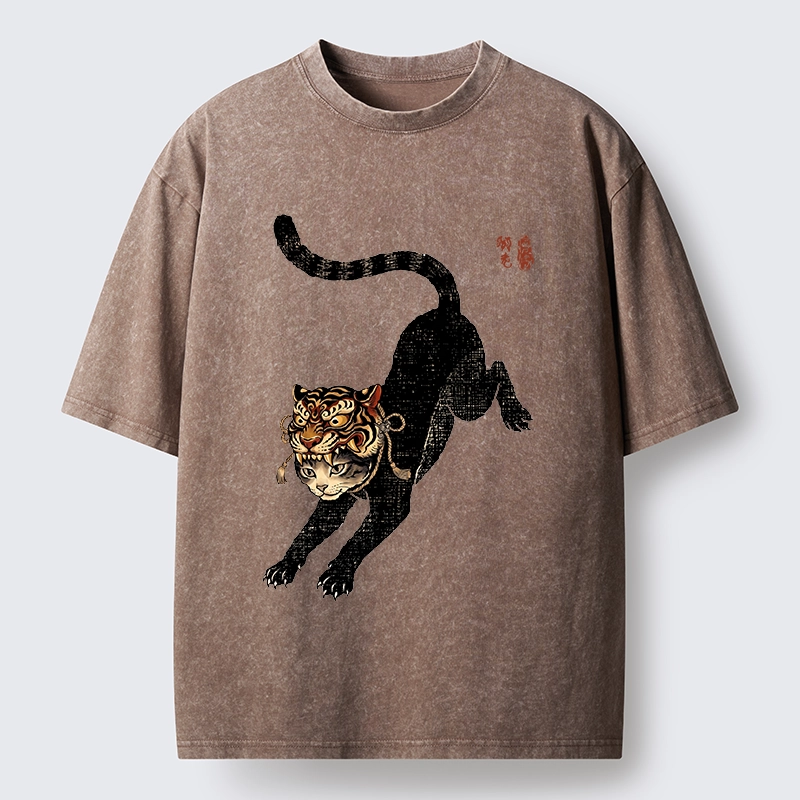 Tokyo-Tiger Cat With Tiger Mask Cool Art Washed T-Shirt