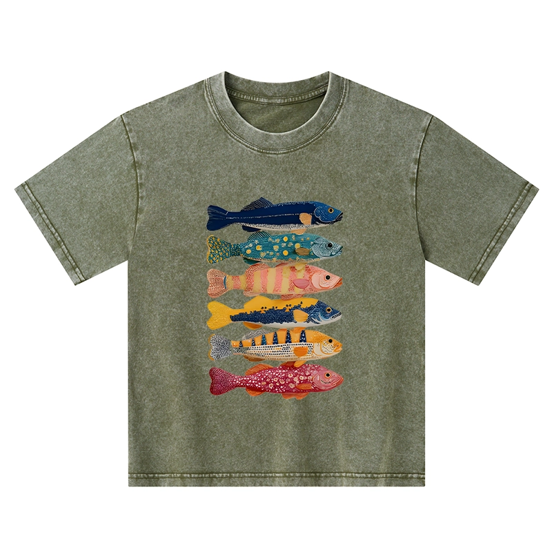 Tokyo-Tiger Colorful Fish Art Collection Kids Washed T-Shirt