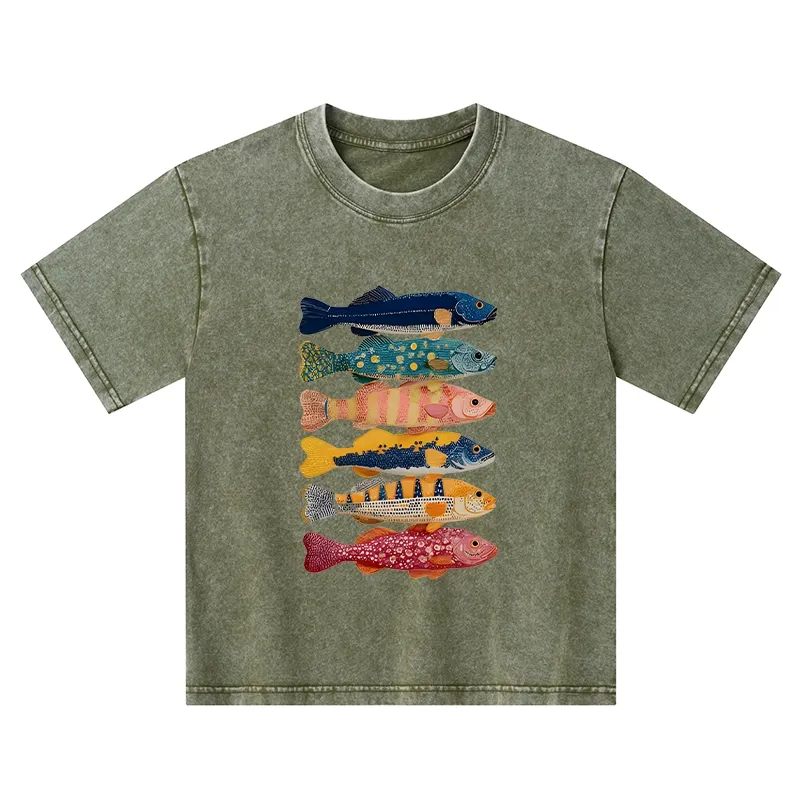 Tokyo-Tiger Colorful Fish Art Collection Kids Washed T-Shirt