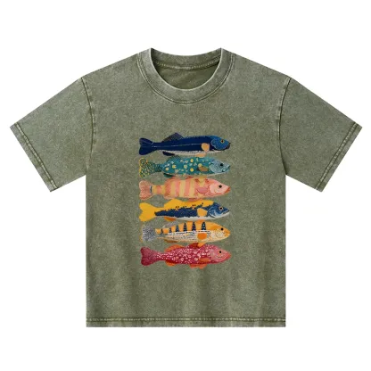 Tokyo-Tiger Colorful Fish Art Collection Kids Washed T-Shirt