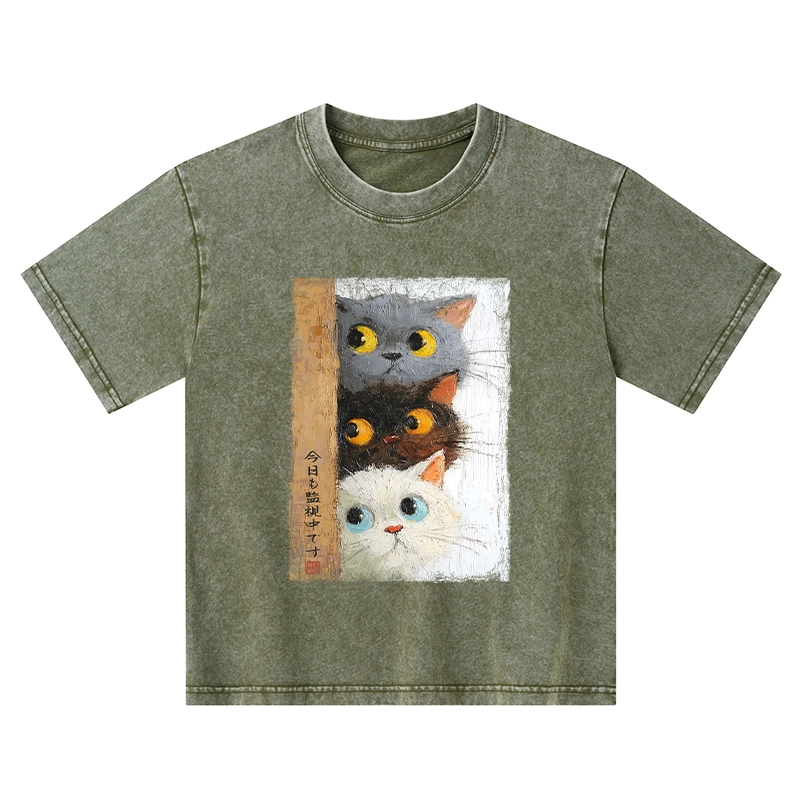 Tokyo-Tiger Three Cute Cats Watch You Kids Washed T-Shirt