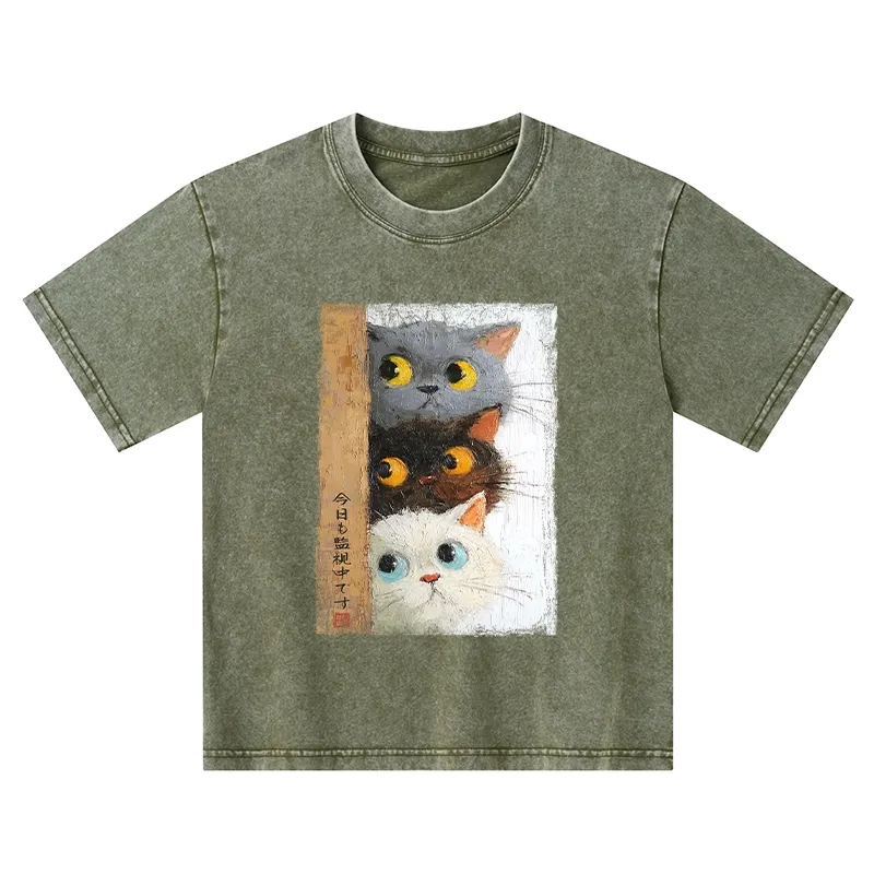 Tokyo-Tiger Three Cute Cats Watch You Kids Washed T-Shirt