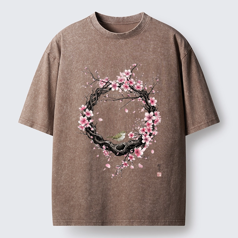 Tokyo-Tiger Sakura Wreath And Little Bird Washed T-Shirt