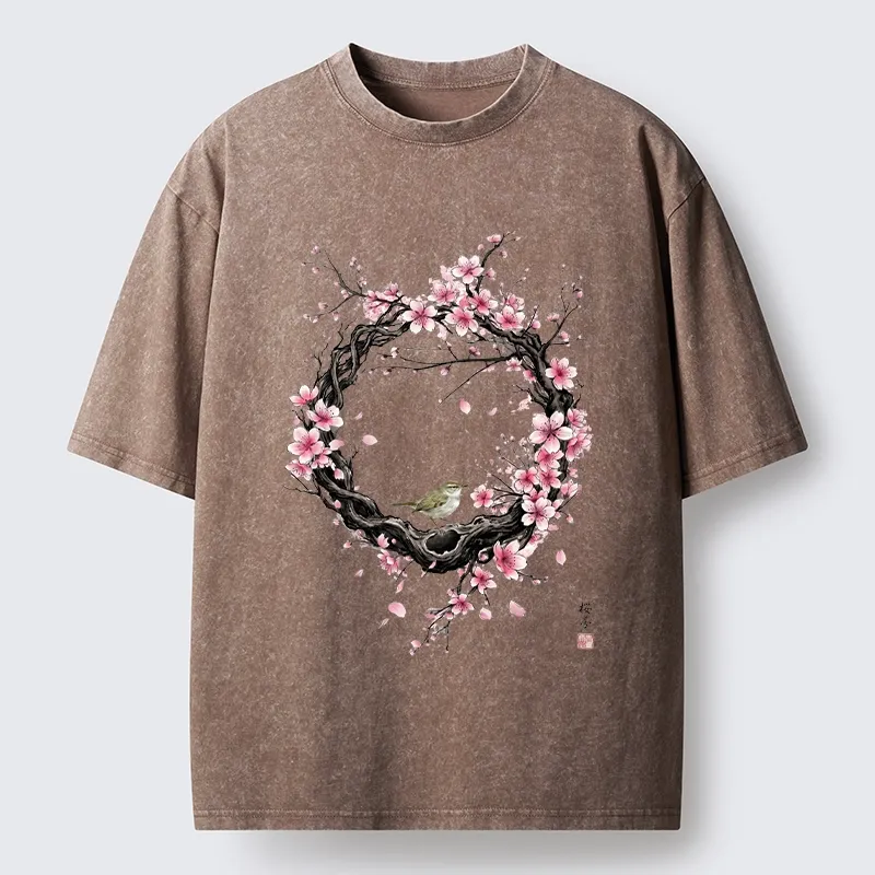 Tokyo-Tiger Sakura Wreath And Little Bird Washed T-Shirt Sale