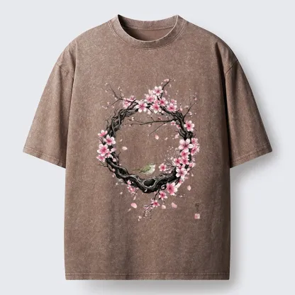 Tokyo-Tiger Sakura Wreath And Little Bird Washed T-Shirt