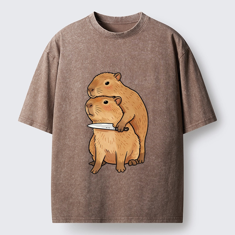 Tokyo-Tiger Capybara With Knife Funny Meme Washed T-Shirt